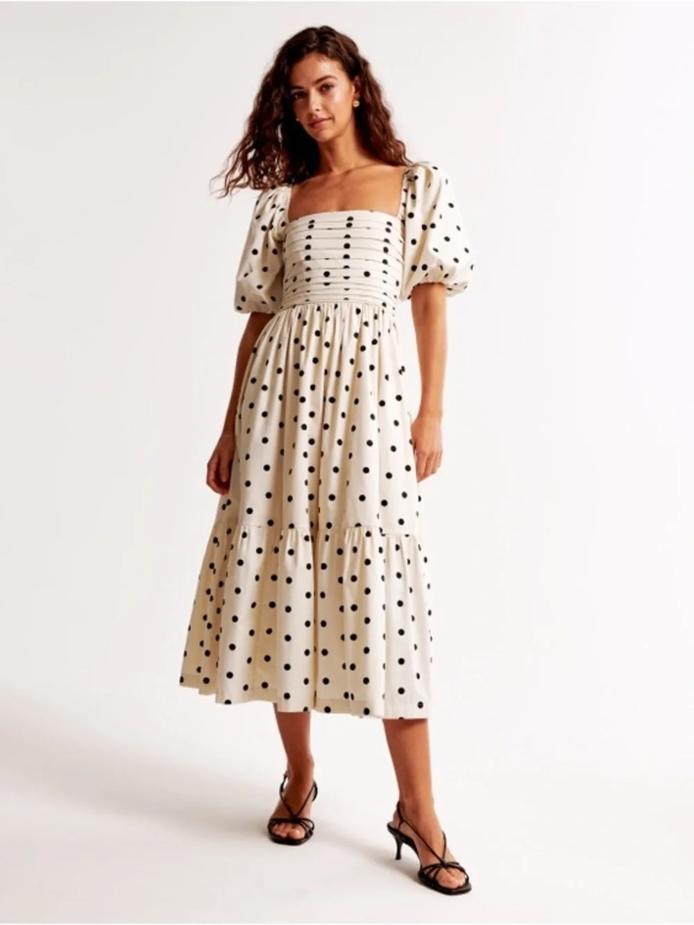 Abercrombie & Fitch Cream Polka Dot Puff Sleeve Midi Dress - Picture 1 of 7